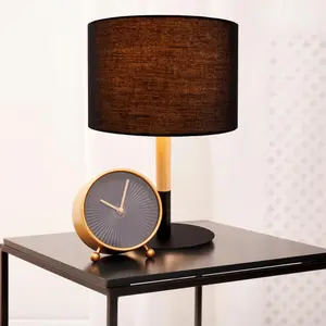 Настольная лампа näve Tessile E14, 1 шт., текстильный абажур, основание наполовину из металла черного цвета и из дерева фикуса, E14 Näve, черный