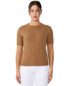 Женский свитер крупной вязки с круглым вырезом и короткими рукавами, 70% шерсть, 30% кашемир JENNIE LIU, Toast