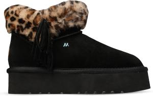 Ботинки mykos Women's Amari Suede Pull-On Platform (1.65") 7" Boot - Water & Stain Resistant - Faux-Fur Collar with Fringe Ankle Boot - Stylish, Cozy for Travel and Everyday Wear, Black/Cheetah