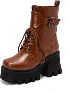 Женские ботильоны на платформе с высоким каблуком, шнуровкой, квадратным носком и боковой молнией, ботинки в стиле милитари JMdfcqer, Brown