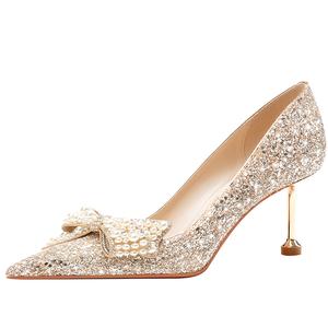 Туфли на тонком каблуке высотой 6,5 см, женские, золотистые Lan Miao, Gold 6.5Cm