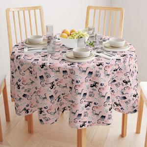 Круглая скатерть, 100% хлопок, 60 круглых дюймов, Cartoon Cats Pink