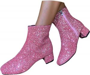 Ботильоны ковбойские женские, женские ковбойские сапоги с кристаллами, каблук-блок, широкий голеностоп, короткие блестящие западные ботильоны, праздничная обувь Generic, Pink