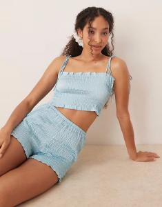 Комплект из укороченного топа и короткой пижамы из атласной фактурной ткани цвета морской волны Asos Design