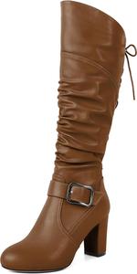 Женские скошенные высокие сапоги Zamikoo до колена с круглым носком, массивным каблуком-блоком, боковой молнией и металлической пряжкой, свободные платья-сапоги, каблук 3,5 дюйма, Brown