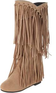 Женские ковбойские сапоги GUNIYIFS, средняя длина, бахрома, стиль вестерн, круглый носок, модные сапоги с скрытым каблуком и кисточками, высокие сапоги до колена для снега, Beige