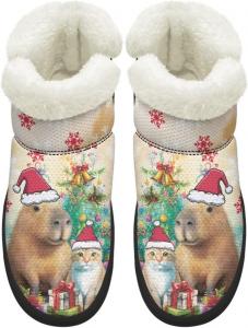 Женские зимние сапоги средней высоты с широким носком, противоскользящие, с меховой подкладкой, имитация кожи, без застежек, носить легко, размеры 4,5-12 Chririnla, Xmas Capybara