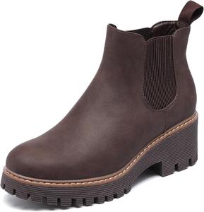 Женские ботинки DECARSDZ на толстой платформе в стиле Челси с эластичной вставкой и низким каблуком на танкетке, замшевые кожаные классические ботильоны для осени на работу, Brown