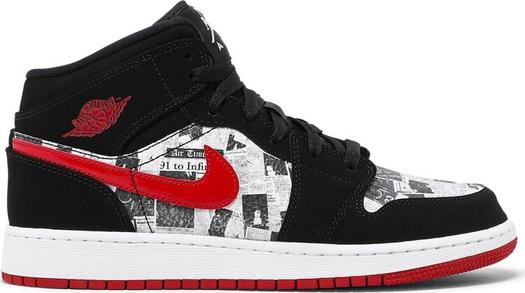 Кроссовки Air Jordan 1 Mid SE GS Newspaper Air Times, черный