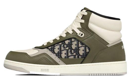 Кроссовки DIOR B27 High Olive And Cream Smooth Calfskin With Beige And Black DIOR Oblique Jacquard