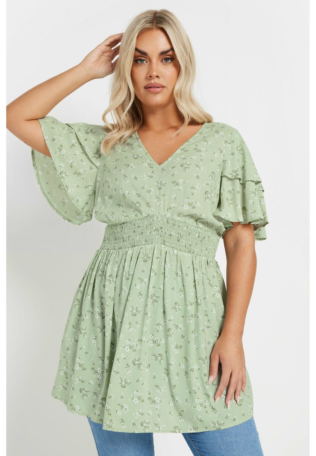 

Футболка с принтом FLUTTER SLEEVE FLORAL PRINT TOP Yours Clothing, светло-зеленый