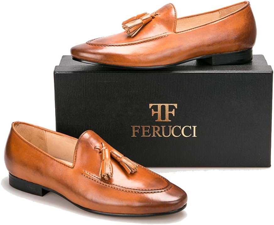 Мужские лоферы-тапочки FERUCCI ручной работы, однотонные, коричневого цвета, из кожи с коричневой кисточкой — фото 2