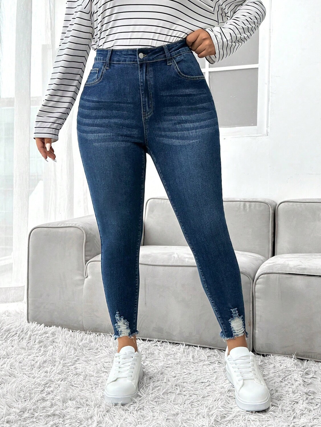 

Джинсы скинни EZwear Plus, рваные, потертые края Shein, синий