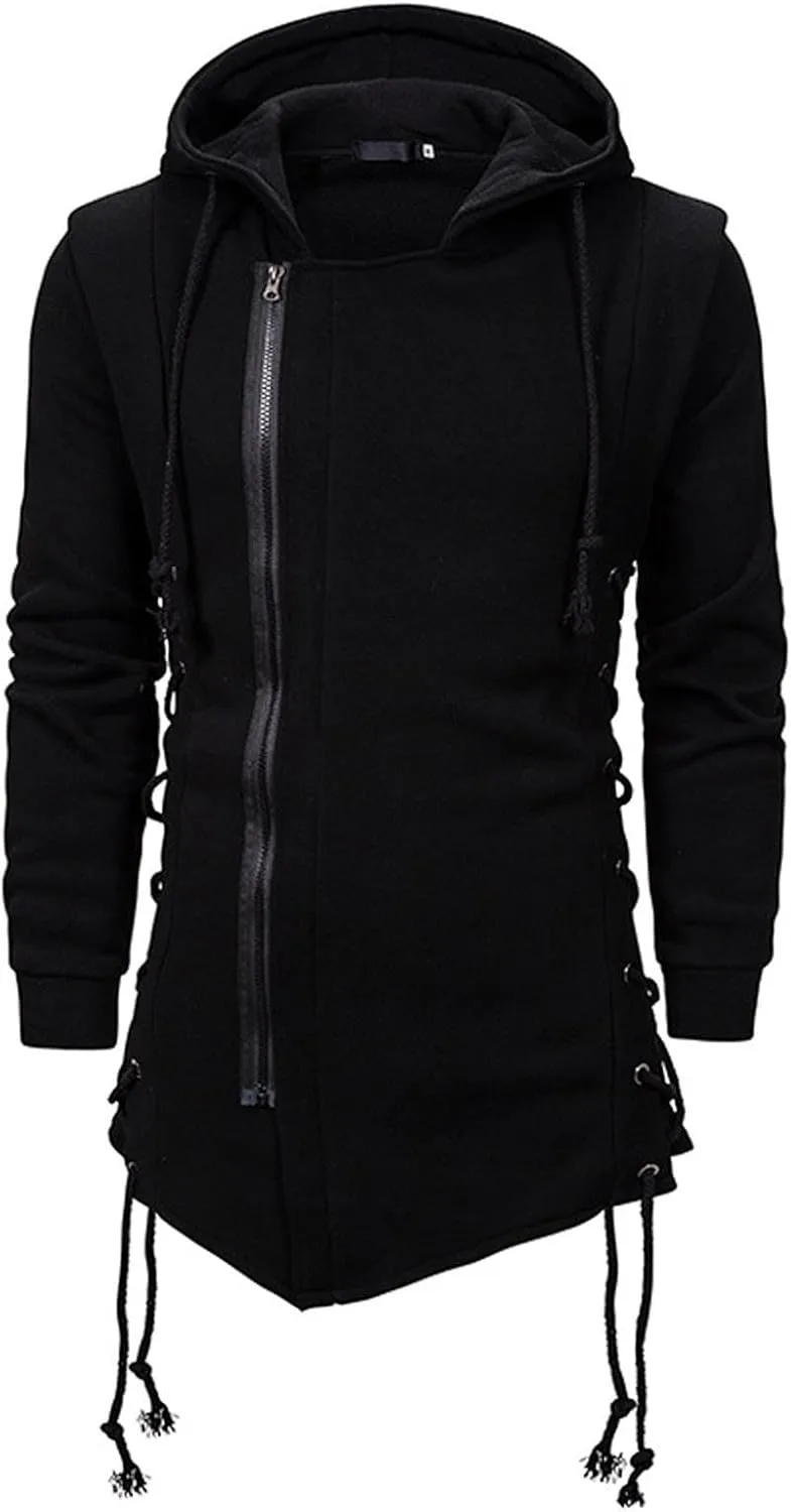 Мужская толстовка в стиле «рыцарь» с завязками, готический стимпанк, осенне-зимняя туника, средневековая, со шнуровкой по низу, косой молнией и капюшоном Generic, черный — фото 2