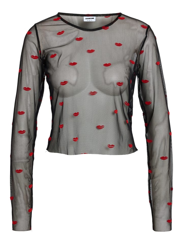 

Топ Noisy may Top Mesh-Oberteil langärmlig Lippenprint durchsichtig, черный
