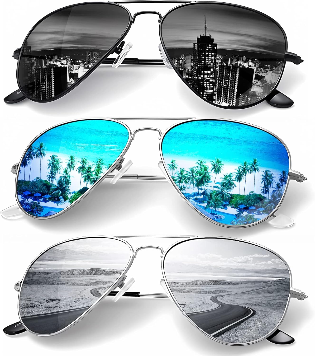 

Классические солнцезащитные очки-авиаторы KALIYADI для мужчин и женщин, очки для вождения, поляризованные линзы, блокирующие УФ-излучение, F (3 Pack) Black/Blue/Silver