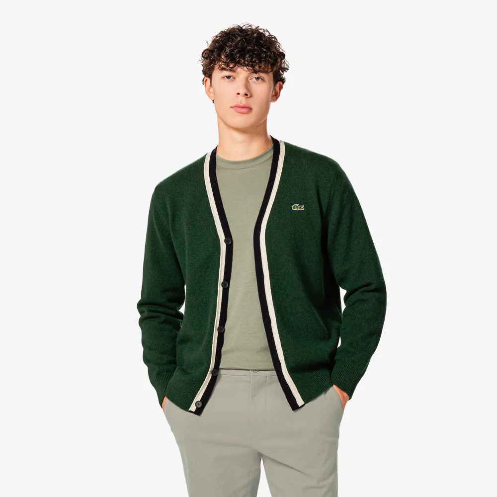 Мужской шерстяной кардиган с V-образным вырезом тёмно-зелёный от Lacoste — фото 4