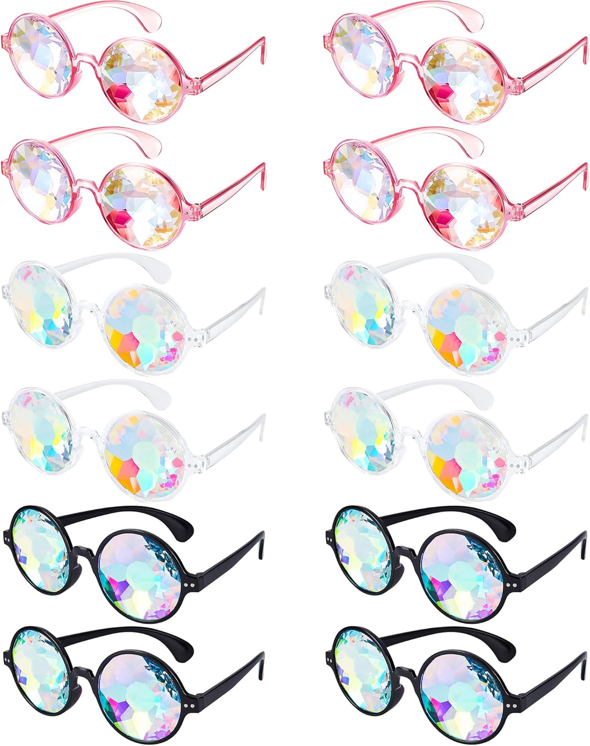 

Frienda 12 пар калейдоскопических рейв-очков с радужным эффектом, рефракционными, психоделическими, с линзами из смолы и дифракционной призмой, женские костюмные солнцезащитные очки для фестиваля, Black, Clear and Pink