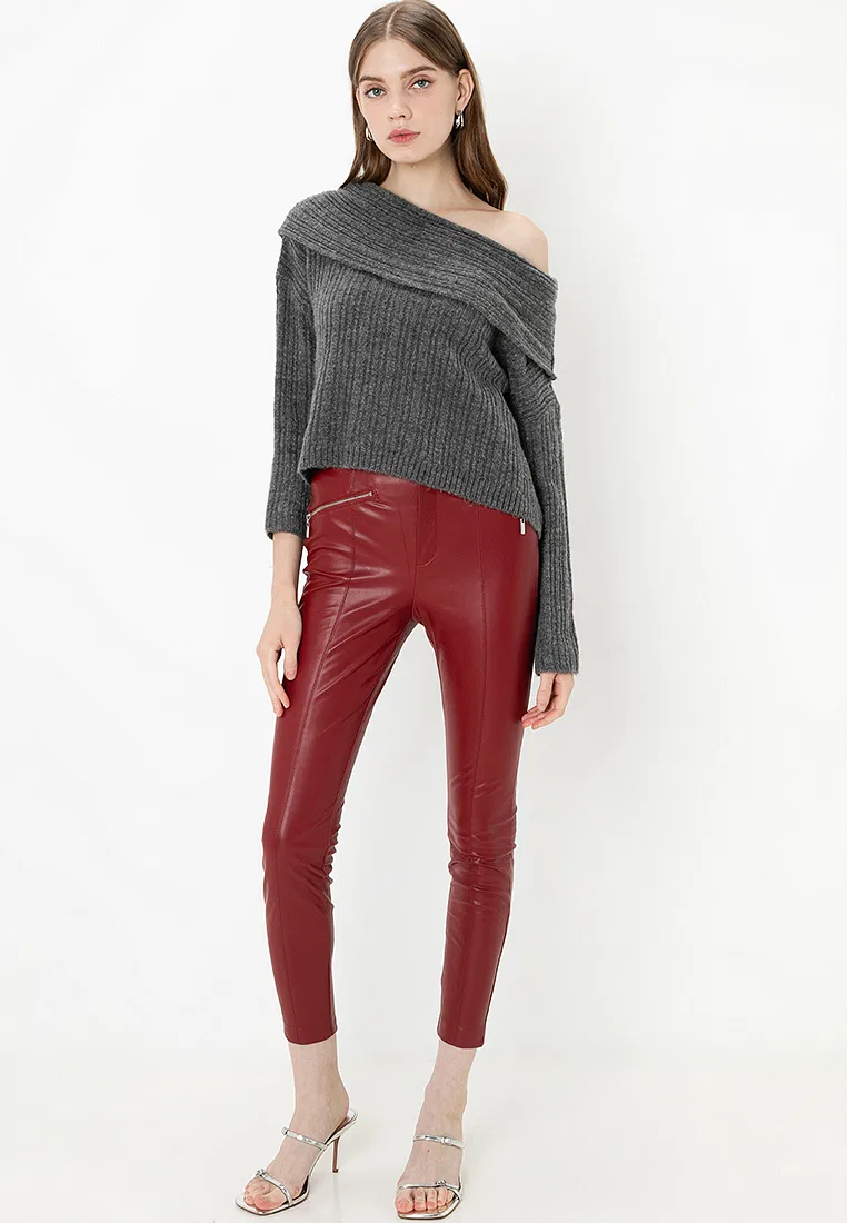 Брюки из кожзама, высокая талия, облегающие Zara, красный — фото 4