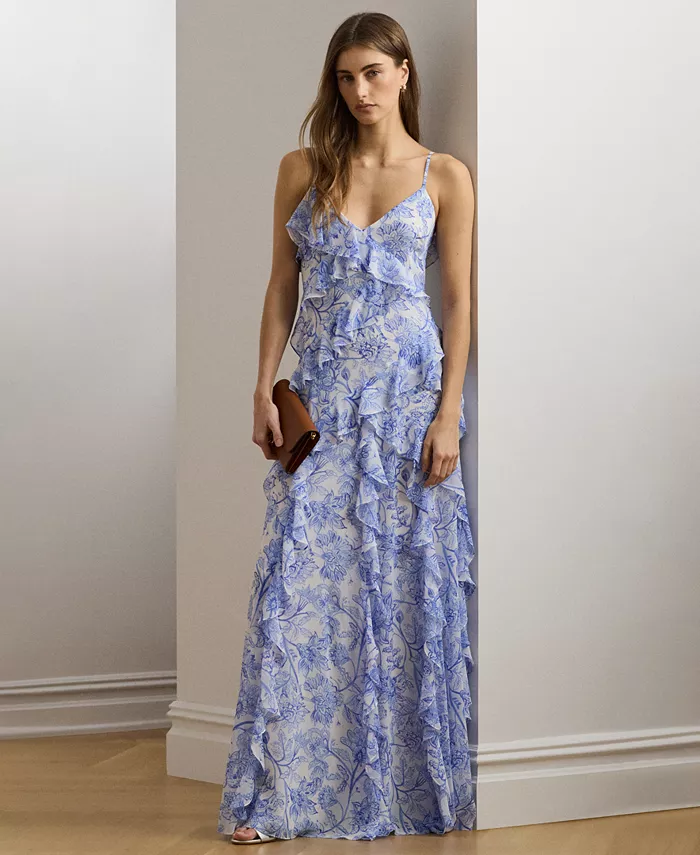 

Женское платье из жоржета с цветочным принтом и рюшами Lauren Ralph Lauren, синий