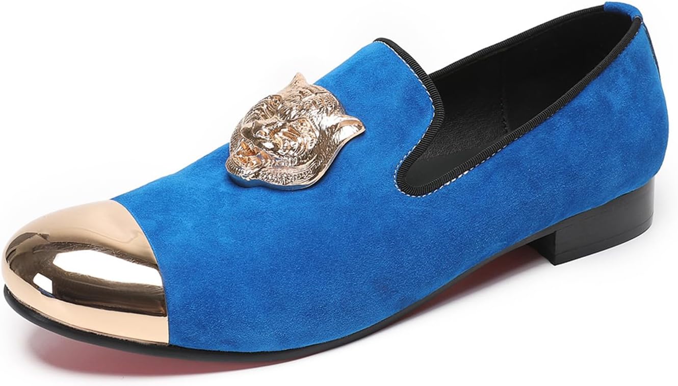

Мужские слипоны Santimon из замши с пенни-лоферами - повседневные мокасины с металлическим носком и тиснением в виде головы тигра для официальных свадеб и смокинговых вечеринок, синий