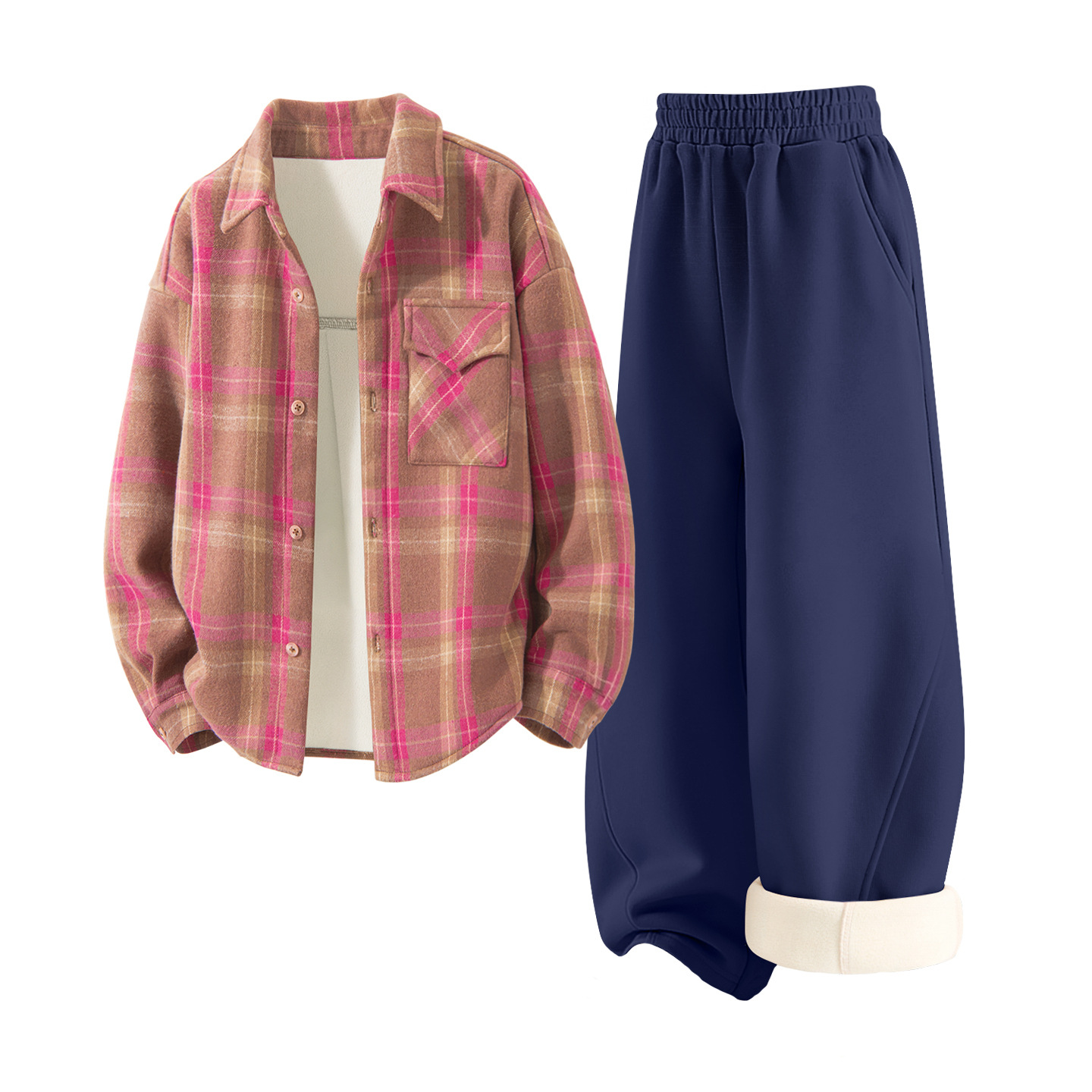 

Детская повседневная спортивная одежда Disney, [Thickened And Fleece-Lined]Solid Color Rose Pink Check+Solid Color Navy Blue