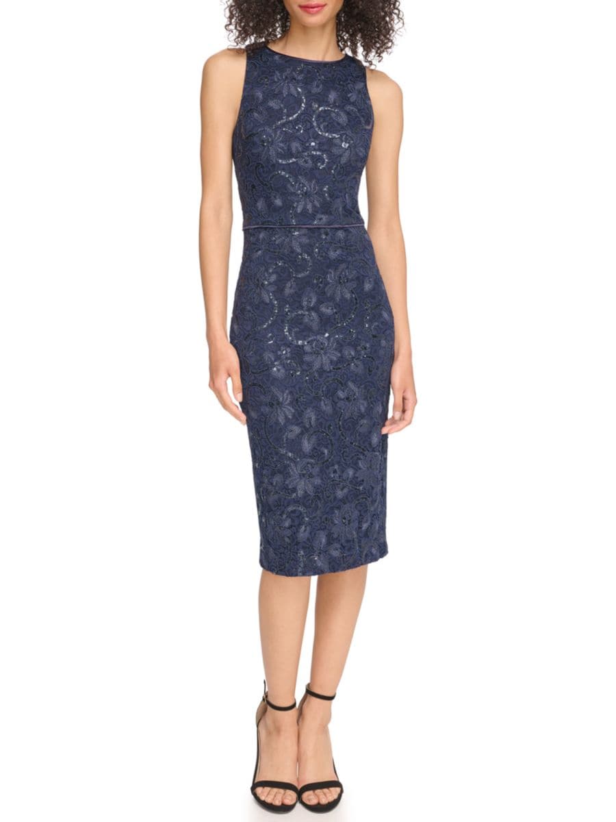 

Платье-миди с кружевом и пайетками Vince Camuto, темно-синий