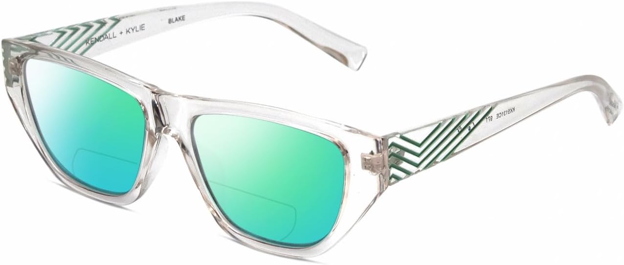 

Солнцезащитные очки Calabria K+K BLAKE прямоугольной формы с поляризацией и бифокальными линзами для чтения, модные дизайнерские солнцезащитные очки для чтения, Clear Crystal Teal/Green Mirror Lens