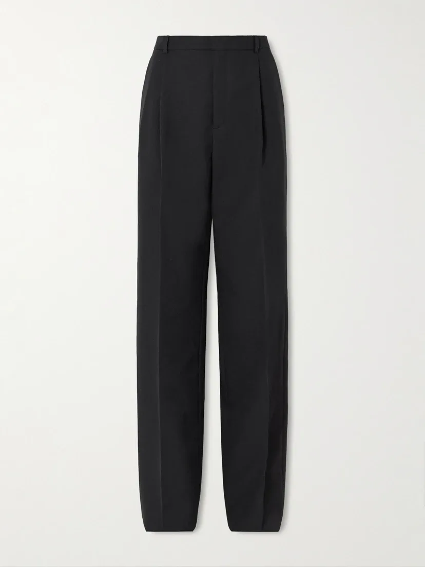 Прямые шерстяные брюки из ткани grain de poudre со складками SAINT LAURENT, черный