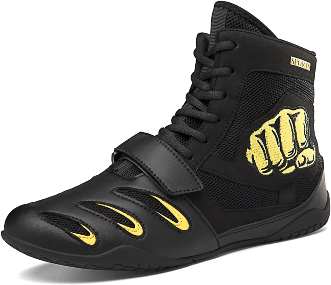 

Мужские и женские дышащие борцовские кроссовки с защищенными щиколотками, противоскользящие, для приседаний, бокса, высокие тренировочные ботинки, спортивная обувь для зала Medasain, черный/желтый