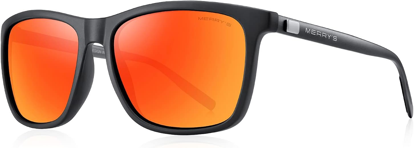 

Поляризованные солнцезащитные очки MERRY'S для женщин, алюминиевые солнцезащитные очки для мужчин, очки для вождения, прямоугольные солнцезащитные очки для мужчин и женщин, Matte Black Frame/Red Mirror Lens/Grey Temples