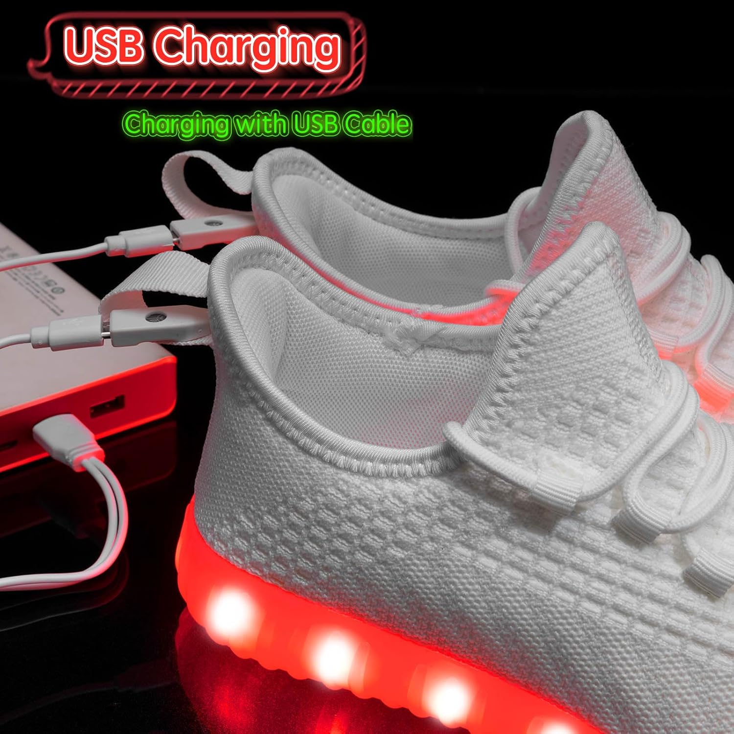 Светящиеся кроссовки для женщин и мужчин, унисекс, с USB-зарядкой, LED, для взрослых, с сетчатым верхом, светящиеся, мерцающие кроссовки для танцев Bosenhulu, белый — фото 4