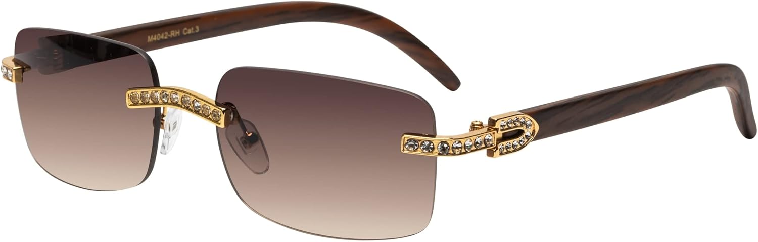 

Солнцезащитные очки в стиле ретро-винтаж без оправы с прозрачными линзами для женщин и мужчин, роскошные очки, модные очки с кристаллами и деревянными линзами FLAWLESS EYEWEAR, Gold/Brown