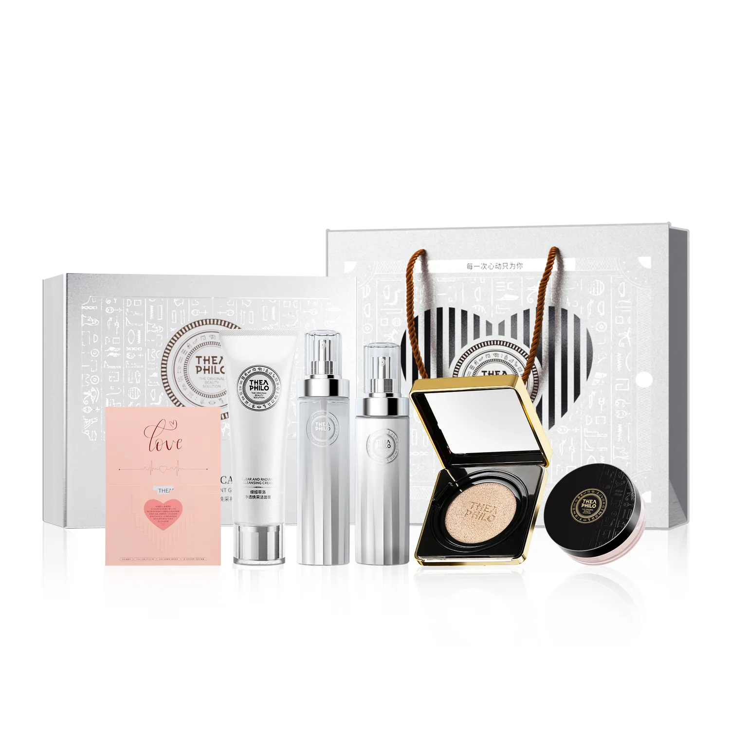 THEA PHILO Набор для ухода за кожей Romantic Heartbeat Box Limited Edition, Romantic Heartbeat Box[Five-Piece Set-Water+Lotion+Cleanser+Ivory Cushion+Pearl Shimmer Loose Powder]