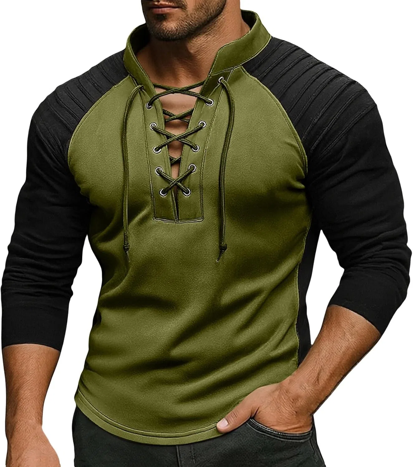Мужская футболка с воротником-стойкой, шнуровкой, вставками из замши, Slim Fit, бренд Generic, зеленый