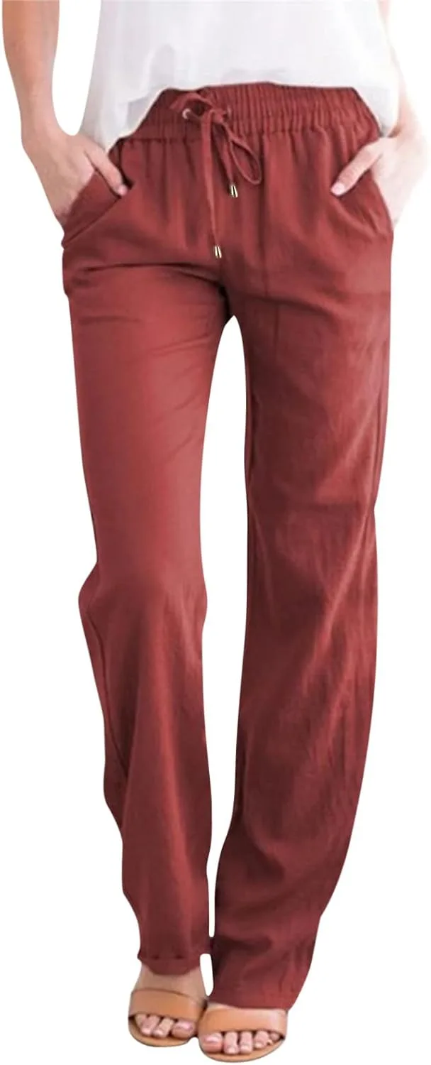 

Женские льняные брюки на шнурке летние комфортные с высокой талией