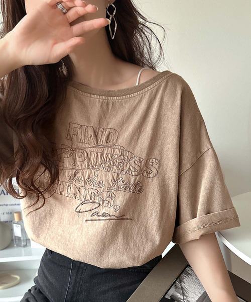 

Футболка оверсайз с широким вырезом, винтажная обработка, двусторонняя вышивка Classicalelf, коричневый