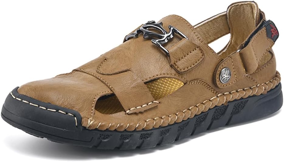 

Мужские сандалии Asifn для улицы, кожаные, ручной работы, с закрытым носком, летние пляжные, мягкие, с перфорацией, дышащие, для прогулок и походов, повседневная обувь, коричневый