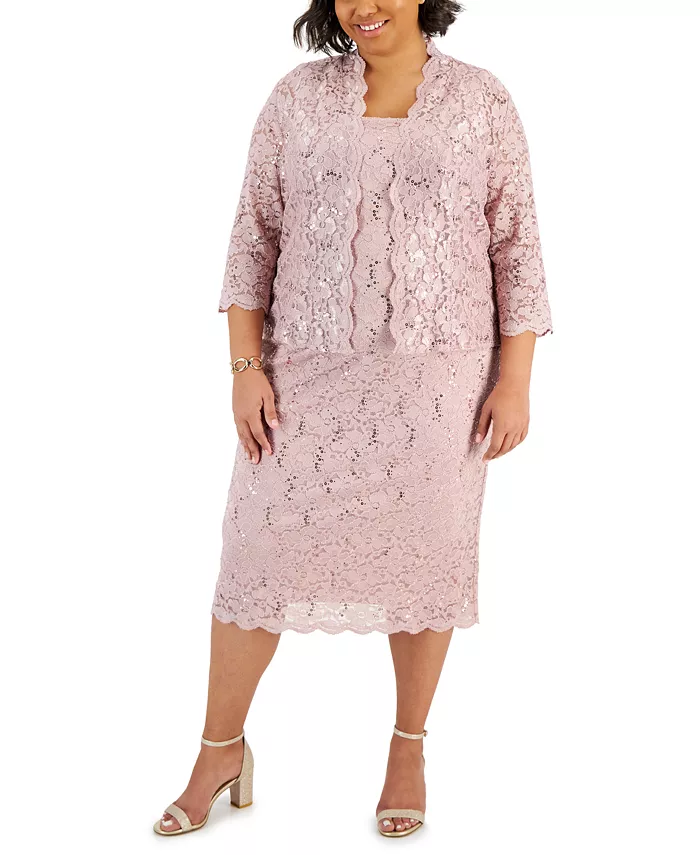 

Комплект из кружевного жакета и платья-футляра Plus Size 2-Pc. Lace Jacket & Sheath Dress Set SL Fashions, розовый