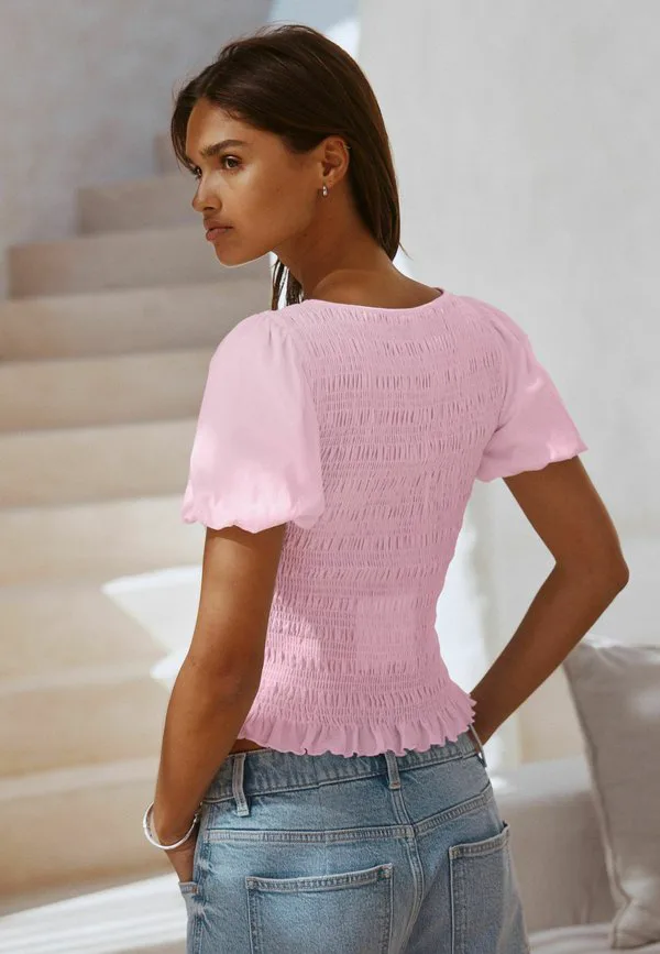 Блузка с короткими рукавами и присборенным вырезом горловины. Next, Pink — фото 2