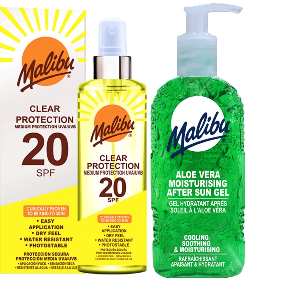 

Прозрачный защитный спрей Malibu SPF20 250 мл + Гель после загара с алоэ 200 мл
