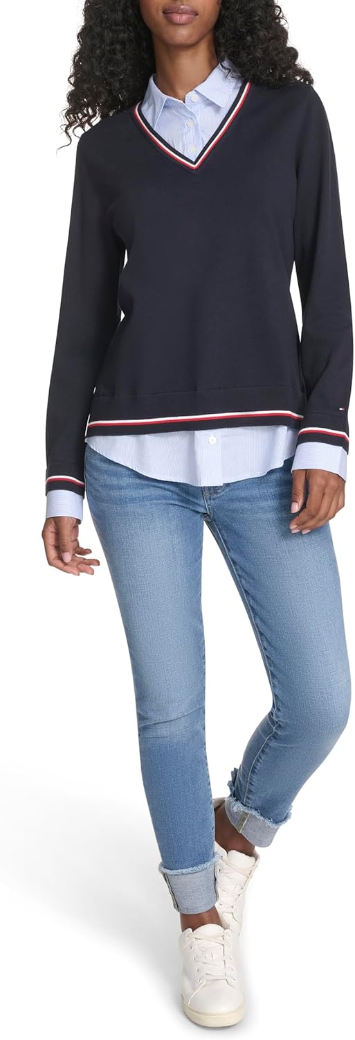 Женский свитер Tommy Hilfiger с длинным рукавом и воротником на пуговицах, Sky Captain Multi — фото 2