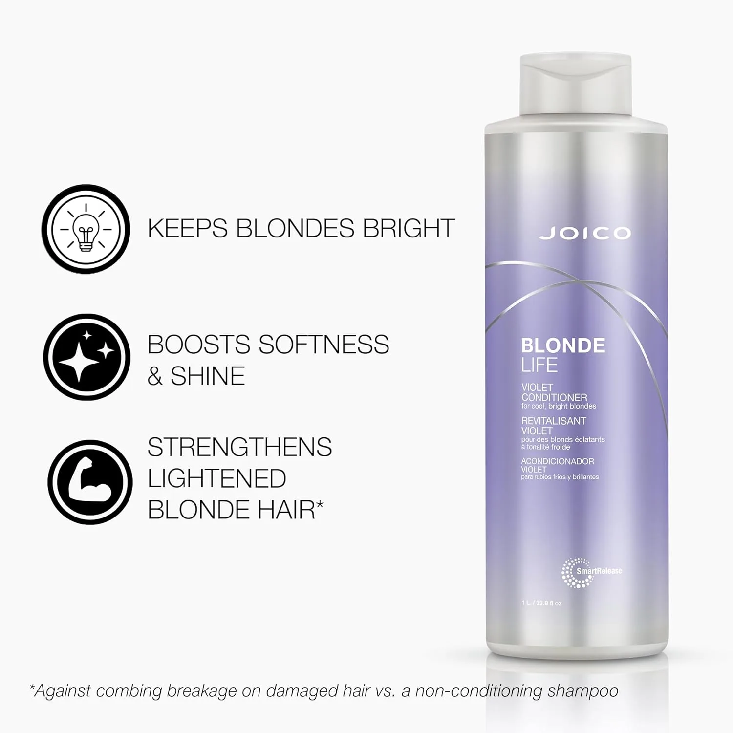 Joico Blonde Life Violet шампунь и кондиционер для холодных и ярких блондинок, нейтрализует медные и желтые оттенки, усиливает блеск, без сульфатов, с маслами монои и таману 1000 мл (2 шт.) — фото 3