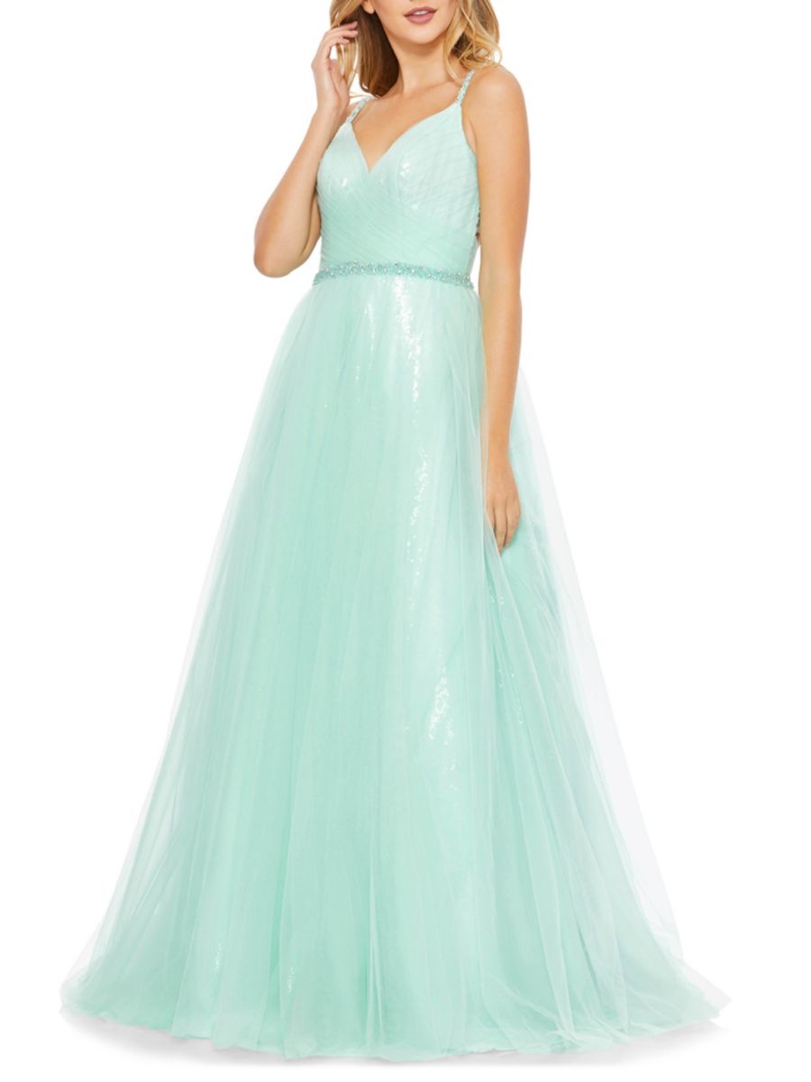 

Бальное платье с V-образным вырезом и сетчатой ​​спинкой Mac Duggal, цвет Mint