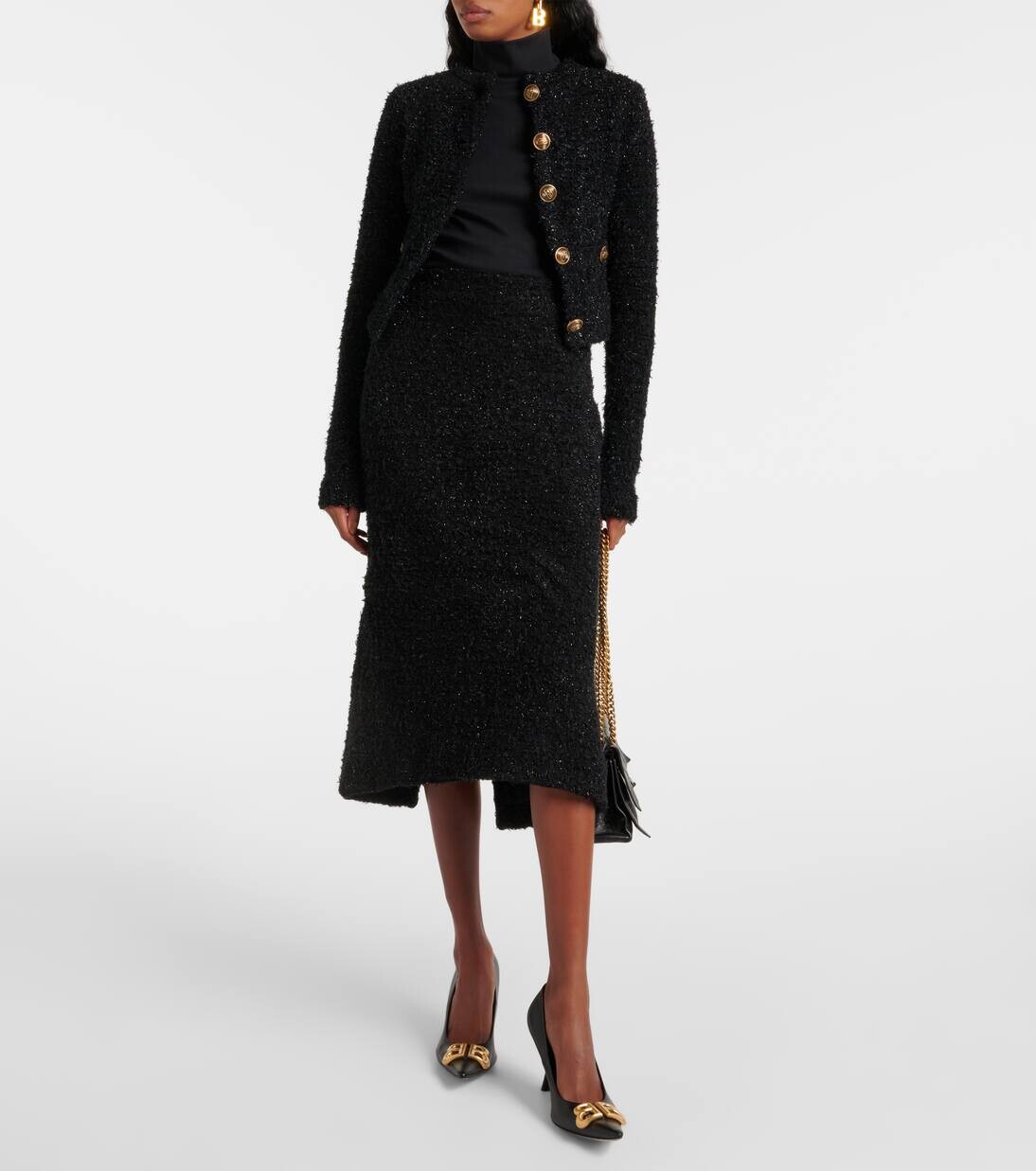 Юбка миди из твида с добавлением хлопка Balenciaga, черный — фото 2