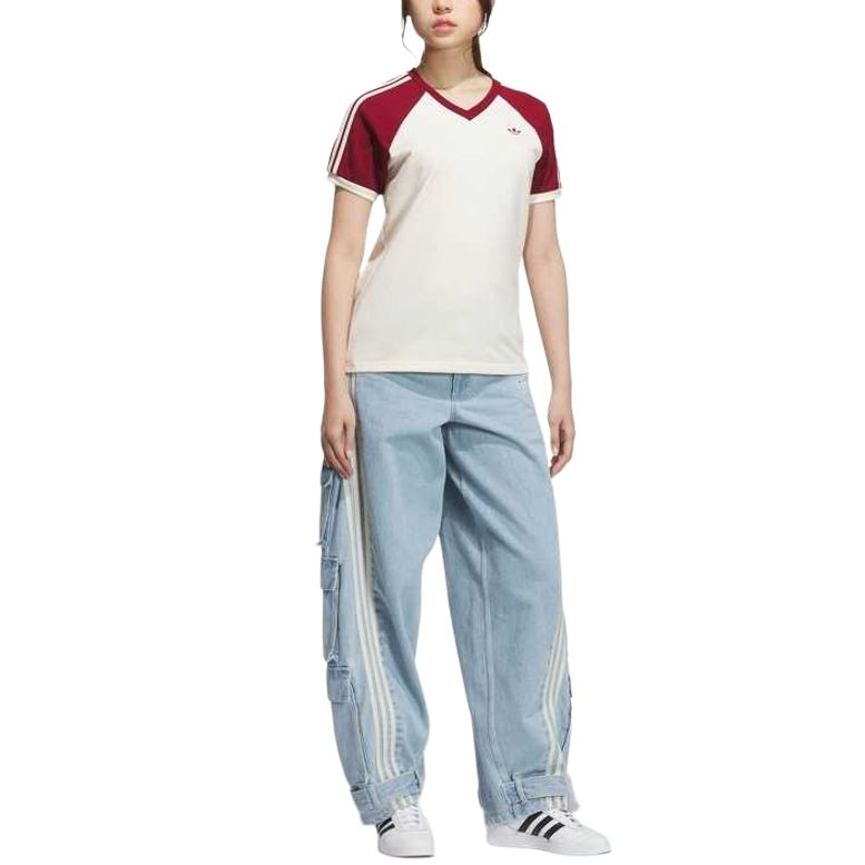 Футболка Adidas Originals V-Neck Short Sleeve, слоновая кость/бордовый — фото 4