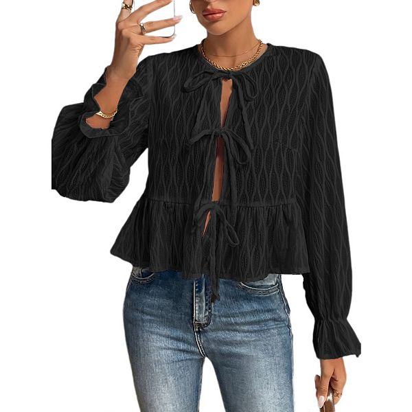 

Женская блузка с пышными рукавами, баской и шнуровкой Yesfashion, Black