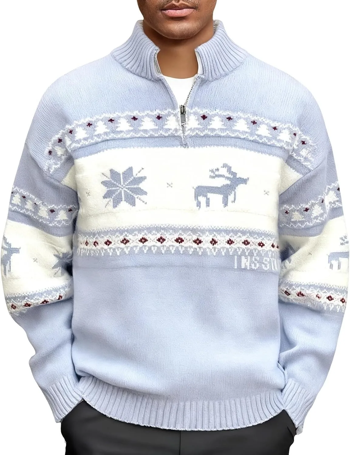 

Мужской рождественский свитер с воротником стойкой и молнией на четверть