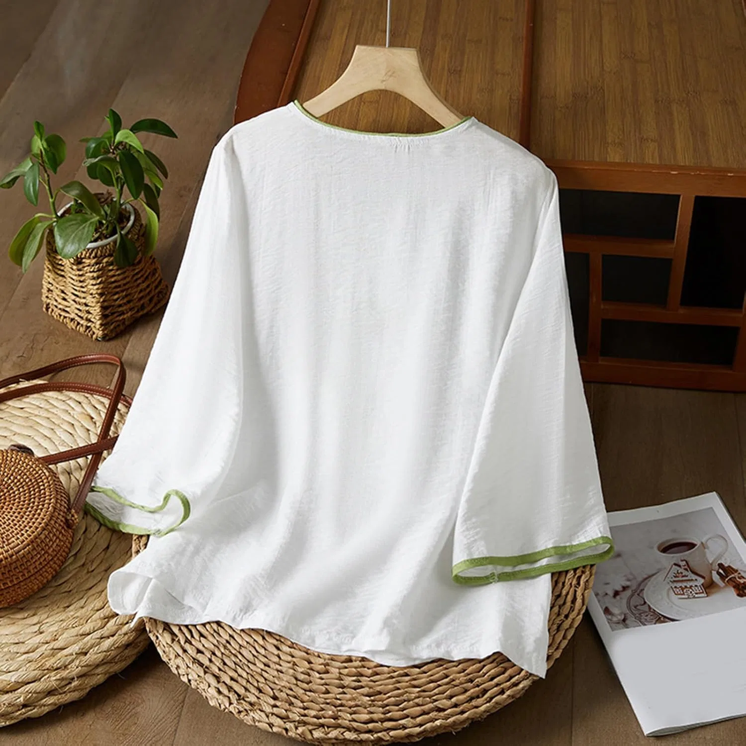 Блуза с воротником, свободный крой, Cotton Linen Shirt, белый — фото 3