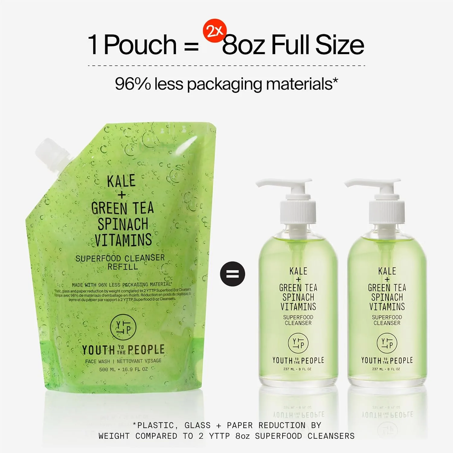 Youth To The People Superfood Cleanser домашний набор с пополнением, очищающее средство для лица с капустой кале и зеленым чаем (8 унций) + (16 унций пакет для пополнения), средство для снятия макияжа, для всех типов кожи, Green — фото 2